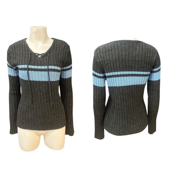 Vintage Y2K Derek Heart Ribbed Sweater Gray Blue Stripe Long Sleeve Knit – - Picture 3 of 4